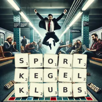 Kreative Illustration für ein Scrabble-Spiel, bei dem das Wort SPORTKEGELKLUBS mit Steinen auf dem Brett gelegt wurde.
