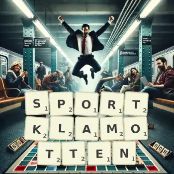 Kreative Illustration für ein Scrabble-Spiel, bei dem das Wort SPORTKLAMOTTEN mit Steinen auf dem Brett gelegt wurde.