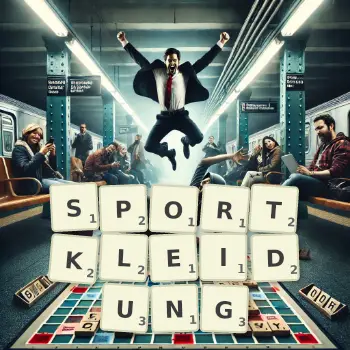 Kreative Illustration für ein Scrabble-Spiel, bei dem das Wort SPORTKLEIDUNG mit Steinen auf dem Brett gelegt wurde.