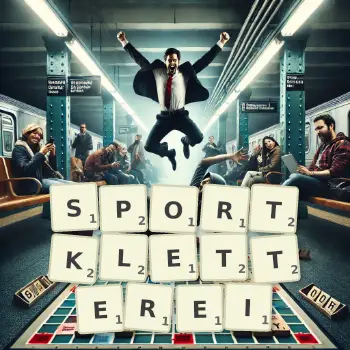 Kreative Illustration für ein Scrabble-Spiel, bei dem das Wort SPORTKLETTEREI mit Steinen auf dem Brett gelegt wurde.