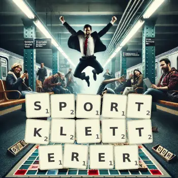 Kreative Illustration für ein Scrabble-Spiel, bei dem das Wort SPORTKLETTERER mit Steinen auf dem Brett gelegt wurde.