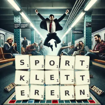 Kreative Illustration für ein Scrabble-Spiel, bei dem das Wort SPORTKLETTERERN mit Steinen auf dem Brett gelegt wurde.