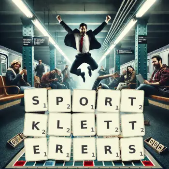 Kreative Illustration für ein Scrabble-Spiel, bei dem das Wort SPORTKLETTERERS mit Steinen auf dem Brett gelegt wurde.