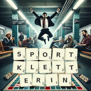 Kreative Illustration für ein Scrabble-Spiel, bei dem das Wort SPORTKLETTERIN mit Steinen auf dem Brett gelegt wurde.