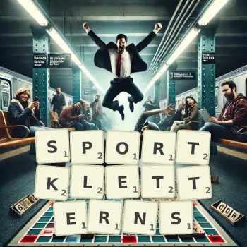Kreative Illustration für ein Scrabble-Spiel, bei dem das Wort SPORTKLETTERNS mit Steinen auf dem Brett gelegt wurde.