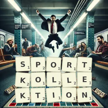 Kreative Illustration für ein Scrabble-Spiel, bei dem das Wort SPORTKOLLEKTION mit Steinen auf dem Brett gelegt wurde.