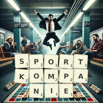 Kreative Illustration für ein Scrabble-Spiel, bei dem das Wort SPORTKOMPANIE mit Steinen auf dem Brett gelegt wurde.