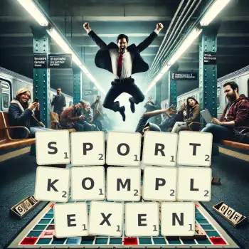 Kreative Illustration für ein Scrabble-Spiel, bei dem das Wort SPORTKOMPLEXEN mit Steinen auf dem Brett gelegt wurde.