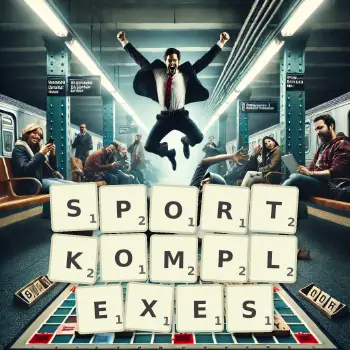 Kreative Illustration für ein Scrabble-Spiel, bei dem das Wort SPORTKOMPLEXES mit Steinen auf dem Brett gelegt wurde.