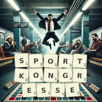Kreative Illustration für ein Scrabble-Spiel, bei dem das Wort SPORTKONGRESSE mit Steinen auf dem Brett gelegt wurde.