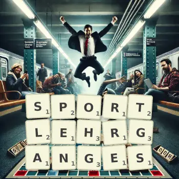 Kreative Illustration für ein Scrabble-Spiel, bei dem das Wort SPORTLEHRGANGES mit Steinen auf dem Brett gelegt wurde.