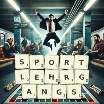 Kreative Illustration für ein Scrabble-Spiel, bei dem das Wort SPORTLEHRGANGS mit Steinen auf dem Brett gelegt wurde.