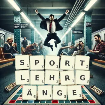 Kreative Illustration für ein Scrabble-Spiel, bei dem das Wort SPORTLEHRGÄNGE mit Steinen auf dem Brett gelegt wurde.