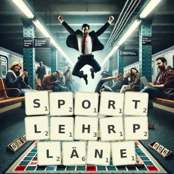 Kreative Illustration für ein Scrabble-Spiel, bei dem das Wort SPORTLEHRPLÄNE mit Steinen auf dem Brett gelegt wurde.