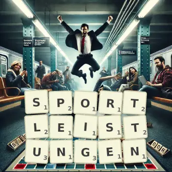 Kreative Illustration für ein Scrabble-Spiel, bei dem das Wort SPORTLEISTUNGEN mit Steinen auf dem Brett gelegt wurde.