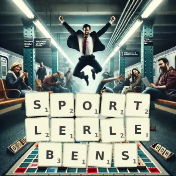 Kreative Illustration für ein Scrabble-Spiel, bei dem das Wort SPORTLERLEBENS mit Steinen auf dem Brett gelegt wurde.