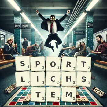 Kreative Illustration für ein Scrabble-Spiel, bei dem das Wort SPORTLICHSTEM mit Steinen auf dem Brett gelegt wurde.