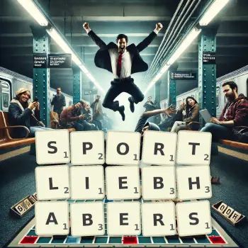 Kreative Illustration für ein Scrabble-Spiel, bei dem das Wort SPORTLIEBHABERS mit Steinen auf dem Brett gelegt wurde.