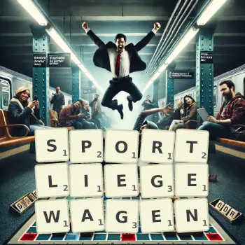 Kreative Illustration für ein Scrabble-Spiel, bei dem das Wort SPORTLIEGEWAGEN mit Steinen auf dem Brett gelegt wurde.