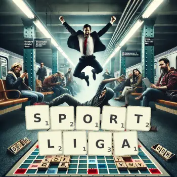 Kreative Illustration für ein Scrabble-Spiel, bei dem das Wort SPORTLIGA mit Steinen auf dem Brett gelegt wurde.