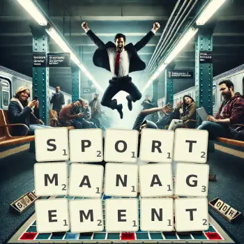 Kreative Illustration für ein Scrabble-Spiel, bei dem das Wort SPORTMANAGEMENT mit Steinen auf dem Brett gelegt wurde.