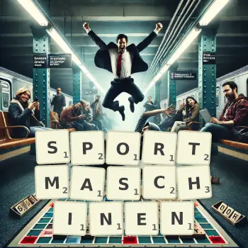 Kreative Illustration für ein Scrabble-Spiel, bei dem das Wort SPORTMASCHINEN mit Steinen auf dem Brett gelegt wurde.