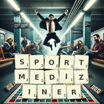 Kreative Illustration für ein Scrabble-Spiel, bei dem das Wort SPORTMEDIZINER mit Steinen auf dem Brett gelegt wurde.