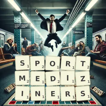 Kreative Illustration für ein Scrabble-Spiel, bei dem das Wort SPORTMEDIZINERS mit Steinen auf dem Brett gelegt wurde.