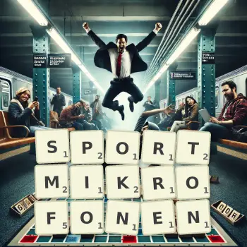 Kreative Illustration für ein Scrabble-Spiel, bei dem das Wort SPORTMIKROFONEN mit Steinen auf dem Brett gelegt wurde.