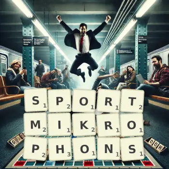 Kreative Illustration für ein Scrabble-Spiel, bei dem das Wort SPORTMIKROPHONS mit Steinen auf dem Brett gelegt wurde.