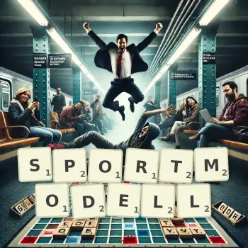 Kreative Illustration für ein Scrabble-Spiel, bei dem das Wort SPORTMODELL mit Steinen auf dem Brett gelegt wurde.