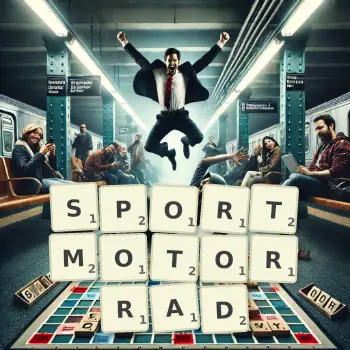 Kreative Illustration für ein Scrabble-Spiel, bei dem das Wort SPORTMOTORRAD mit Steinen auf dem Brett gelegt wurde.