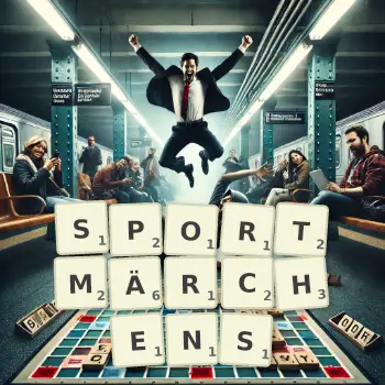 Kreative Illustration für ein Scrabble-Spiel, bei dem das Wort SPORTMÄRCHENS mit Steinen auf dem Brett gelegt wurde.