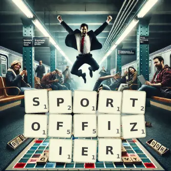 Kreative Illustration für ein Scrabble-Spiel, bei dem das Wort SPORTOFFIZIER mit Steinen auf dem Brett gelegt wurde.