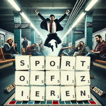 Kreative Illustration für ein Scrabble-Spiel, bei dem das Wort SPORTOFFIZIEREN mit Steinen auf dem Brett gelegt wurde.