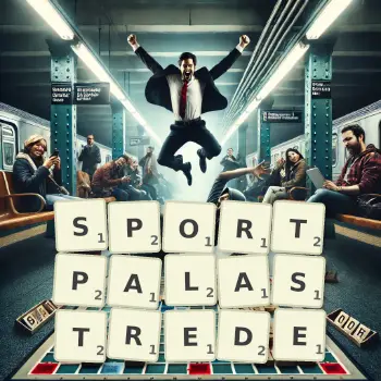 Kreative Illustration für ein Scrabble-Spiel, bei dem das Wort SPORTPALASTREDE mit Steinen auf dem Brett gelegt wurde.