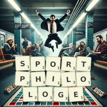 Kreative Illustration für ein Scrabble-Spiel, bei dem das Wort SPORTPHILOLOGE mit Steinen auf dem Brett gelegt wurde.