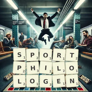 Kreative Illustration für ein Scrabble-Spiel, bei dem das Wort SPORTPHILOLOGEN mit Steinen auf dem Brett gelegt wurde.