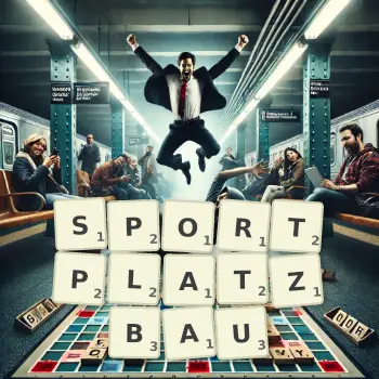 Kreative Illustration für ein Scrabble-Spiel, bei dem das Wort SPORTPLATZBAU mit Steinen auf dem Brett gelegt wurde.