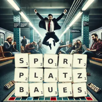 Kreative Illustration für ein Scrabble-Spiel, bei dem das Wort SPORTPLATZBAUES mit Steinen auf dem Brett gelegt wurde.