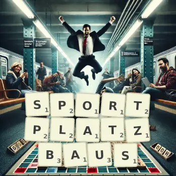 Kreative Illustration für ein Scrabble-Spiel, bei dem das Wort SPORTPLATZBAUS mit Steinen auf dem Brett gelegt wurde.