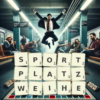 Kreative Illustration für ein Scrabble-Spiel, bei dem das Wort SPORTPLATZWEIHE mit Steinen auf dem Brett gelegt wurde.