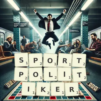 Kreative Illustration für ein Scrabble-Spiel, bei dem das Wort SPORTPOLITIKER mit Steinen auf dem Brett gelegt wurde.