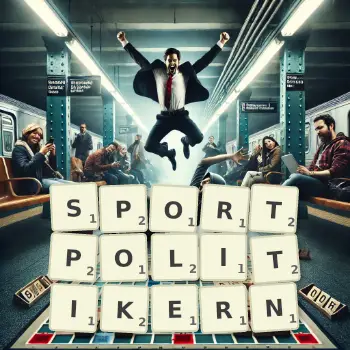 Kreative Illustration für ein Scrabble-Spiel, bei dem das Wort SPORTPOLITIKERN mit Steinen auf dem Brett gelegt wurde.