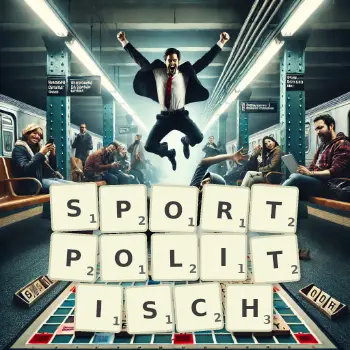 Kreative Illustration für ein Scrabble-Spiel, bei dem das Wort SPORTPOLITISCH mit Steinen auf dem Brett gelegt wurde.