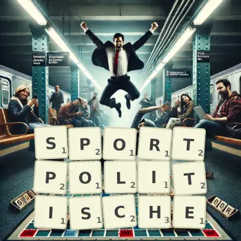 Kreative Illustration für ein Scrabble-Spiel, bei dem das Wort SPORTPOLITISCHE mit Steinen auf dem Brett gelegt wurde.
