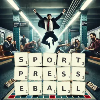Kreative Illustration für ein Scrabble-Spiel, bei dem das Wort SPORTPRESSEBALL mit Steinen auf dem Brett gelegt wurde.