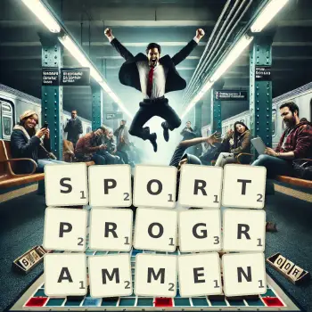 Kreative Illustration für ein Scrabble-Spiel, bei dem das Wort SPORTPROGRAMMEN mit Steinen auf dem Brett gelegt wurde.