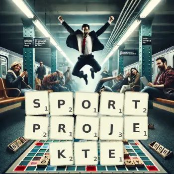 Kreative Illustration für ein Scrabble-Spiel, bei dem das Wort SPORTPROJEKTE mit Steinen auf dem Brett gelegt wurde.