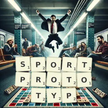 Kreative Illustration für ein Scrabble-Spiel, bei dem das Wort SPORTPROTOTYP mit Steinen auf dem Brett gelegt wurde.